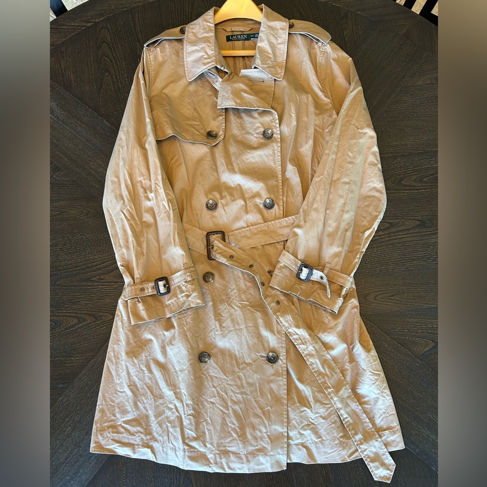 Lauren Ralph Lauren Tan Trench Coat 2XL Belted Double Breasted 100% Cotton